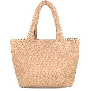 Taupe woven tote faux leather shoulder bag